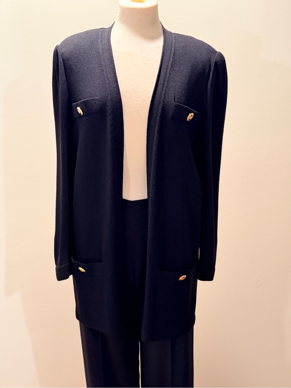 St. John Collection Navy Open-Front Knit Blazer with Gold Buttons